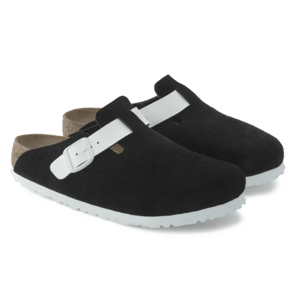 ⁦Birkenstock Boston Suede Leather & Birko-Flor Clogs Black White⁩ – תמונה ⁦2⁩