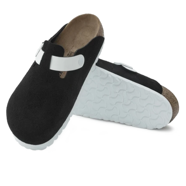 ⁦Birkenstock Boston Suede Leather & Birko-Flor Clogs Black White⁩ – תמונה ⁦4⁩